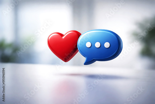 Red heart and blue speech bubble on blurred background 3D chat love