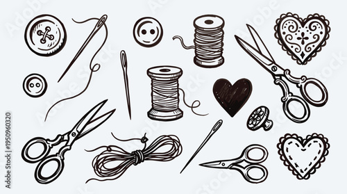 Hand Drawn Sewing Supplies Collection with Scissors Needles and Thread Spools