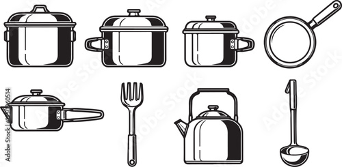 Assorted kitchen utensils and cookware arranged in a grid pattern. Vector