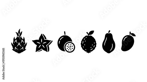 A collection of various tropical fruits including pineapple, starfruit, and mango on a white background