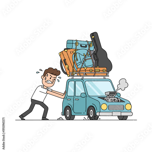 Man Pushing Overloaded Broken Down Car With Travel Luggage And Suitcases