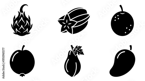 Collection of various tropical fruits including dragon fruit, star fruit, and mango on white background