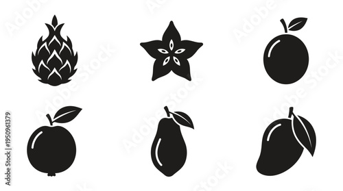 A collection of stylized fruit and flower silhouettes on a white background, ideal for design use