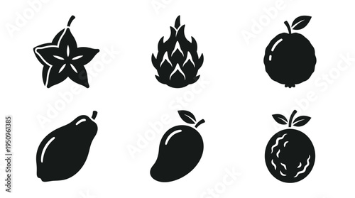 A collection of six unique tropical fruits including starfruit, dragon fruit, and more on a white background