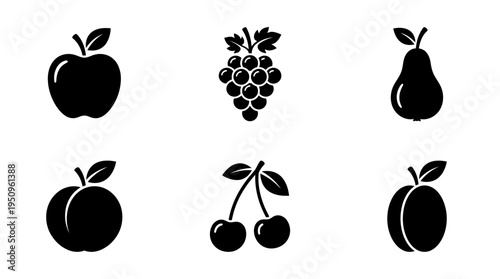 A collection of six black silhouette fruit icons including an apple, grapes, pear, peach, cherries, and a plum on a white background