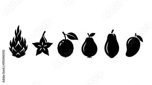 Silhouettes of various tropical fruits arranged in a row against a plain background