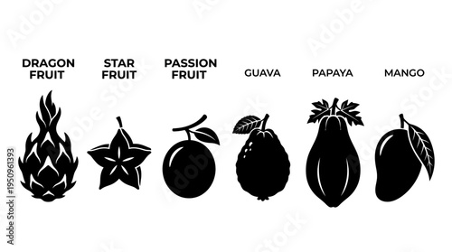 Collection of six distinct tropical fruits illustrated in silhouette against a white background