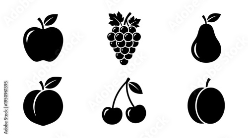 A collection of black silhouette fruits including apple, grape, pear, peach, and cherry on a white background