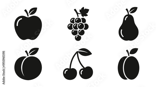 A collection of black silhouette fruit icons including an apple, grapes, pear, peach, and cherries on a white background