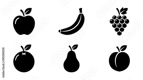 A variety of black silhouette fruits including an apple, banana, grapes, orange, pear, and peach on a white background