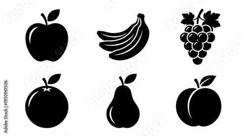 Collection of black silhouette fruits including apple, banana, grapes, orange, pear, and peach