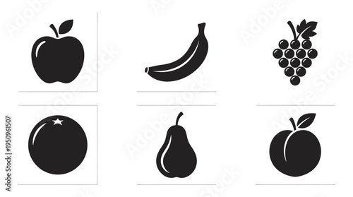 A collection of stylized fruit icons including an apple, banana, grapes, orange, pear, and peach