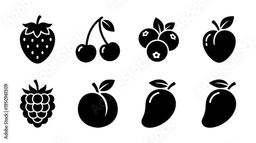 A collection of stylized black silhouettes of various fruits on a white background