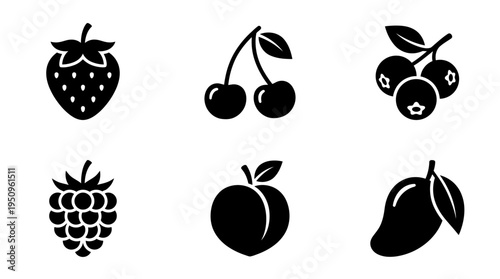 A collection of black silhouette fruits including strawberries, cherries, blueberries, raspberries, peaches, and mangoes on a white background, ideal for design and culinary themes