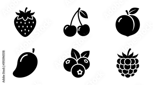 A collection of six black silhouette fruit icons including strawberry, cherries, peach, mango, blueberries, and raspberry on a white background