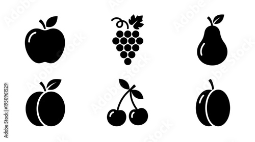 A collection of black silhouette fruit icons including apple, grapes, pear, peach, cherries, and plum