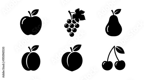 A collection of six black silhouette fruit illustrations including an apple, grapes, pear, peach, and cherries on a white background, suitable for food-related design projects