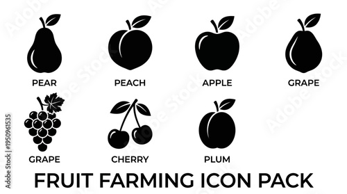A collection of fruit farming icons featuring pear, peach, apple, grape, cherry, and plum in a minimalist style