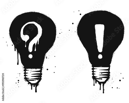 Set of Spray painted graffiti question marks and exclamation mark on light bulbs. isolated on white background. vector illustration