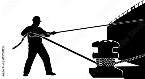 Maritime Dock Worker Silhouette Pulling Mooring Rope on Ship Pier, Harbor Maintenance