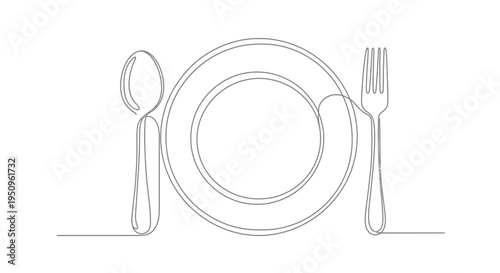 Minimalist Single Line Drawing of Plate, Fork, and Spoon - Dining Setup