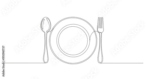 Minimalist Single Line Drawing of Plate, Fork, and Spoon - Ready to Eat