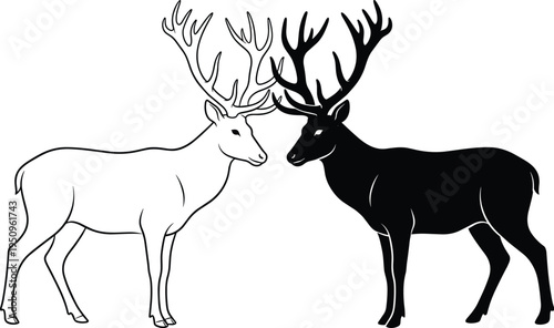 Black and white buck deer stags facing each other in symmetrical silhouette design for duality nature concept and wildlife logo.