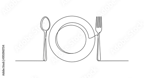 Minimalist Single Line Drawing of Plate, Fork, and Spoon - Ready to Eat