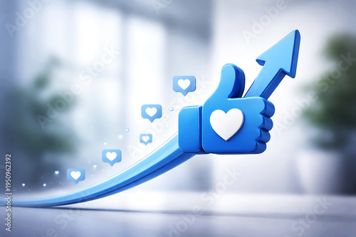 Blue thumb up hand with heart and arrow and social media likes