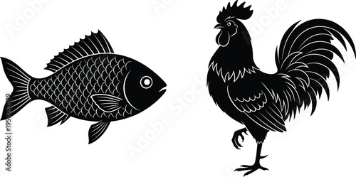Black and white vector illustration silhouette set of a detailed freshwater fish and a rooster isolated on a white background