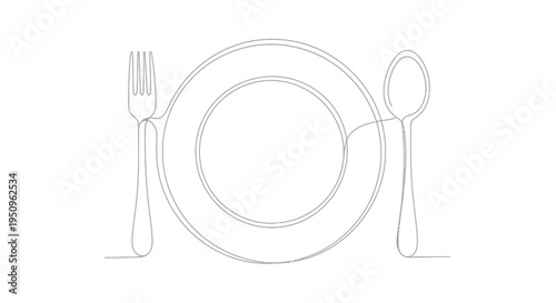 Minimalist Single Line Drawing of a Plate, Fork, and Spoon - Ready to Eat Concept