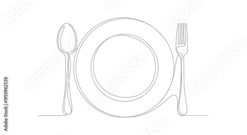 Minimalist single line drawing of a plate with fork and spoon, representing dining and food