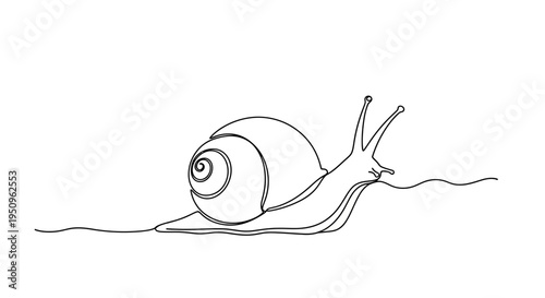 Minimalist single line drawing of a snail moving on a wavy line, symbolizing slow progress and nature.