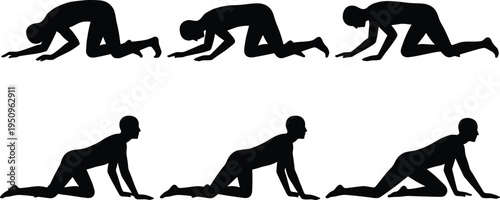 Black silhouette set of man crawling and slowly rising from ground representing recovery, physical exhaustion, human evolution, or starting journey.