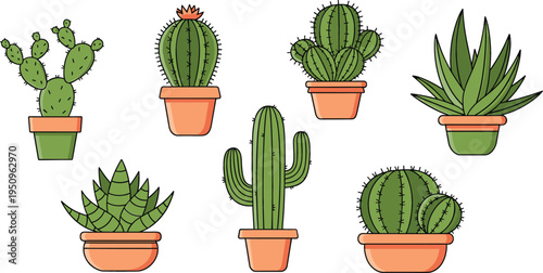 Illustration of Various Cacti in Pots Featuring Different Species Including Prickly Pear, Agave, and Saguaro