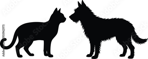 Black silhouettes of a domestic cat and a wire-haired terrier dog facing each other isolated on a white background vector.