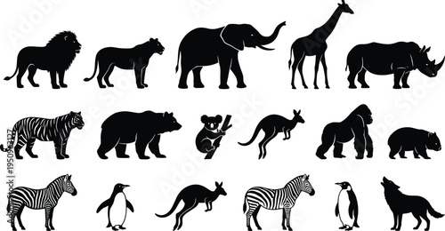 Black silhouettes of wild animals collection featuring elephant lion giraffe rhino zebra tiger bear kangaroo penguin gorilla wolf and koala set