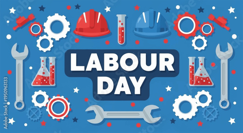 Labour day celebration with industrial tools and protective gear on blue background with stars