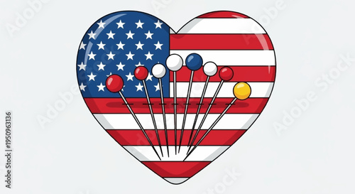 Patriotic heart with american flag design and push pins on white background symbolizing love and patriotism