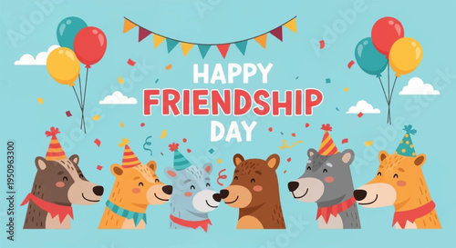 Happy friendship day celebration with colorful cartoon animals wearing party hats and surrounded by balloons