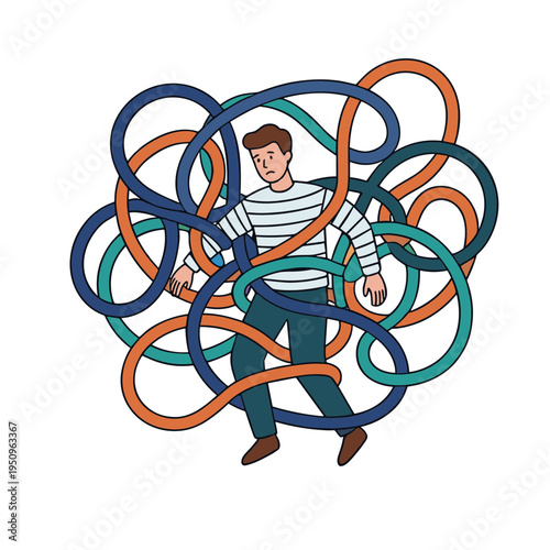 A man struggles to move forward entangled in colorful ropes.