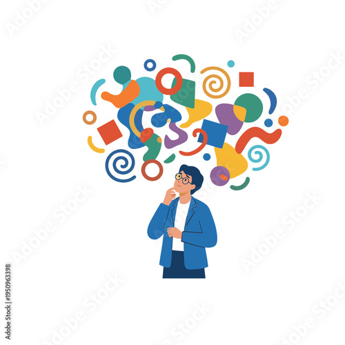 A man in a blue suit thinks deeply with colorful shapes floating above.