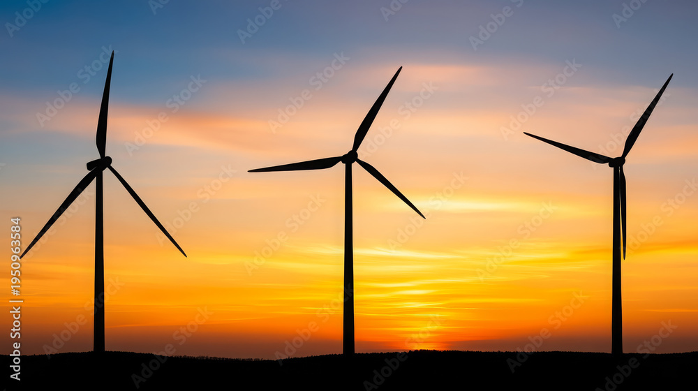 Fototapeta premium Wind turbine, renewable energy, sunset, silhouette, landscape, clean power, peaceful scene