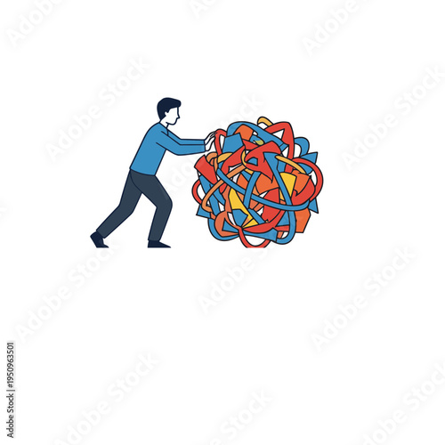 Man struggles to move a large tangled mess of colorful ropes and wires