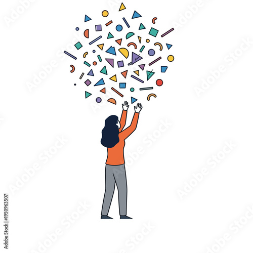 Woman throws colorful geometric shapes into the air with joy and excitement.