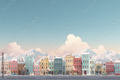 Colorful pastel town street with snow covered buildings and mountains in background under clear sky, creating peaceful winter atmosphere