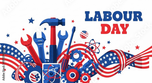 Labor day usa celebration with tools and american flag elements symbolizing workers' rights and patriotism