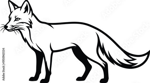 Minimalist black and white fox vector illustration profile view standing isolated on white background for logo design stencil or tattoo