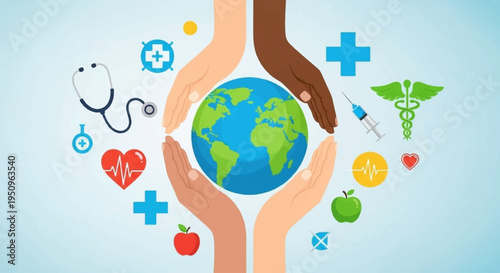 Hands cradling the earth surrounded by medical and health symbols on a light blue background with a focus on global healthcare and wellness