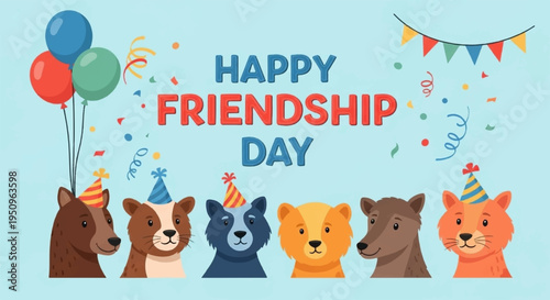 Happy friendship day celebration with six animal friends wearing party hats and colorful balloons on light blue background with festive decorations